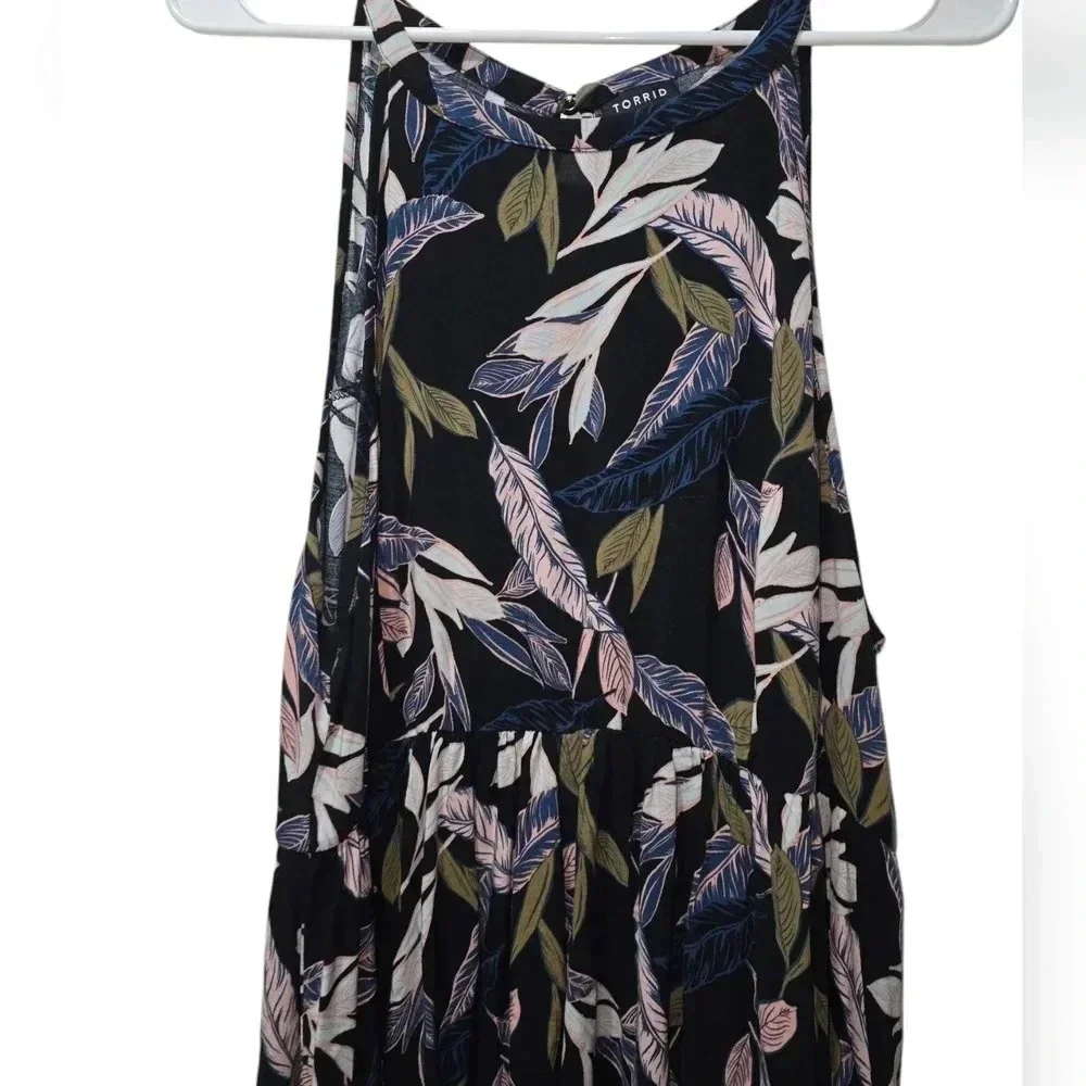 Torrid Black Palm Leaf High Neck Dress Tropical Days Sleeveless Keyhole Size 1 - Picture 4 of 6